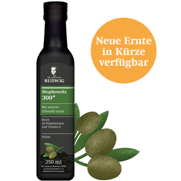 Dr. Budwig Biophenolia 300+ in 250ml. Mit illustrierten Oliven rechts daneben. Und einem orangenem Kreis mit der Schrift: Neue Ernte in Kürze verfügbar.